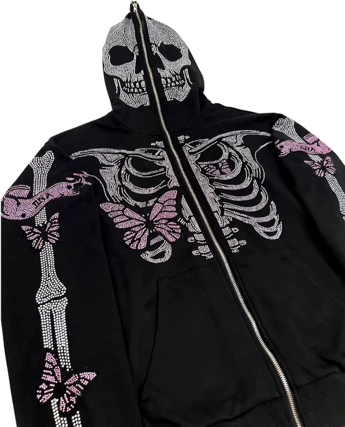 Y2k Women Men Rhinestone Skeleton Hoodies Zip Up Spider Punk Jacket Oversized Sweatshirt Gothic Streetwear