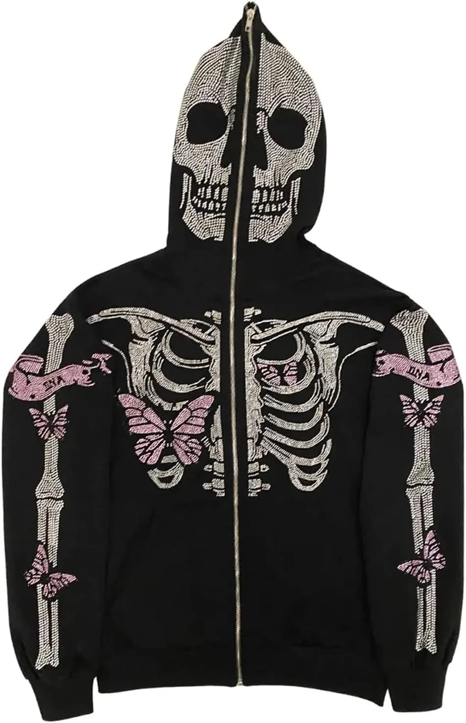 Y2k Women Men Rhinestone Skeleton Hoodies Zip Up Spider Punk Jacket Oversized Sweatshirt Gothic Streetwear