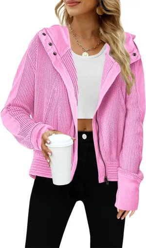 Yanekop Womens Waffle Knit Jackets Zip Up Hoodie Jacket Long Sleeve Cropped Hoodie Fall Outfits Casual Winter Clothes