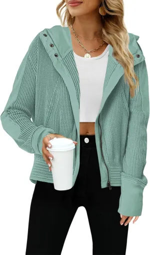Yanekop Womens Waffle Knit Jackets Zip Up Hoodie Jacket Long Sleeve Cropped Hoodie Fall Outfits Casual Winter Clothes