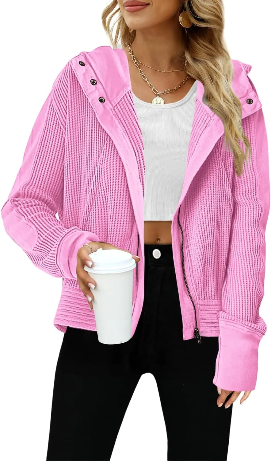 Yanekop Womens Waffle Knit Jackets Zip Up Hoodie Jacket Long Sleeve Cropped Hoodie Fall Outfits Casual Winter Clothes