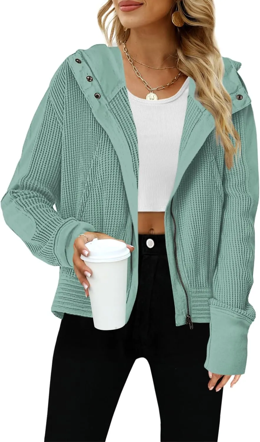 Yanekop Womens Waffle Knit Jackets Zip Up Hoodie Jacket Long Sleeve Cropped Hoodie Fall Outfits Casual Winter Clothes