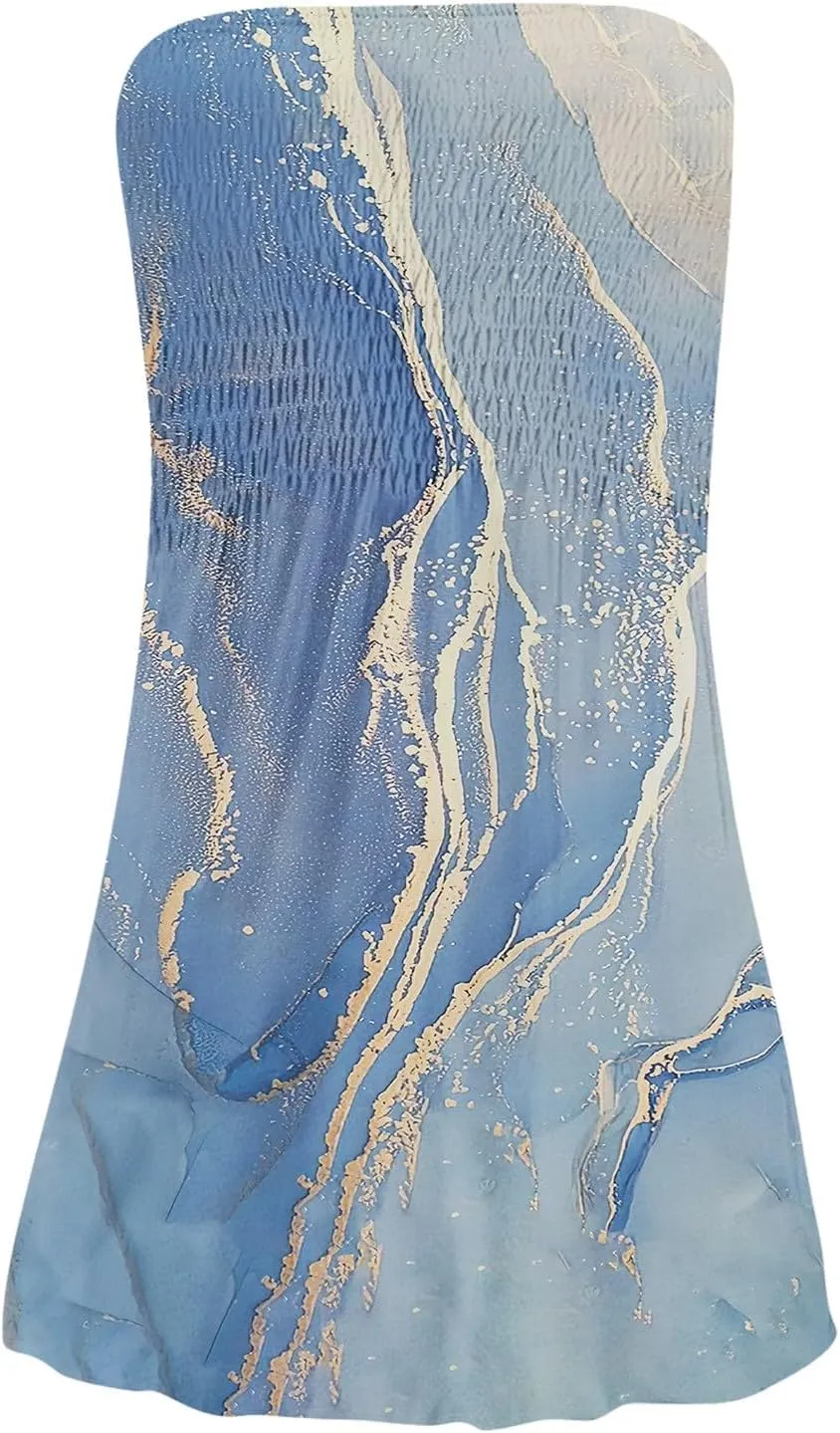 Yesunpxs Womens Summer Strapless Mini Dress 2025 Trendy Print Sleeveless Smocked Flowy A Line Dresses Beach Vacation Tube Top