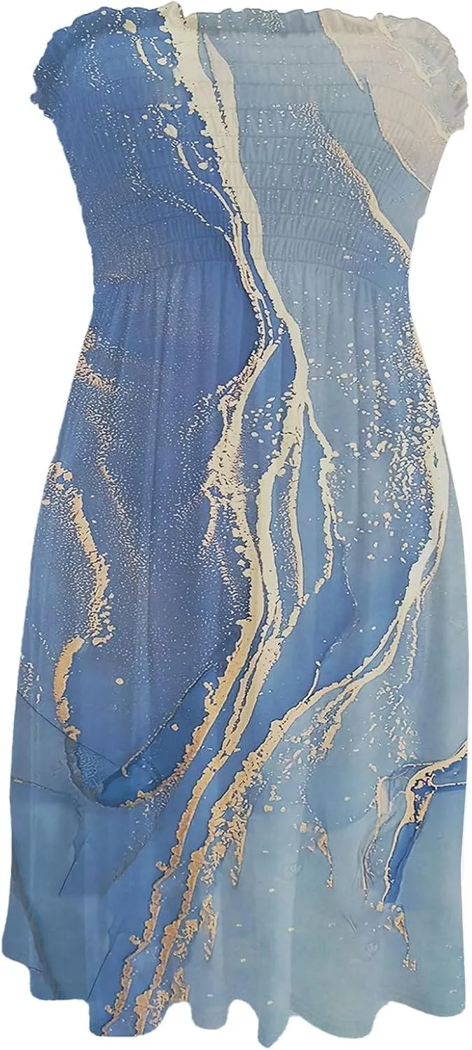 Yesunpxs Womens Summer Strapless Mini Dress 2025 Trendy Print Sleeveless Smocked Flowy A Line Dresses Beach Vacation Tube Top
