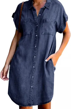 yoeasy Women's Short Sleeve Denim Shirt Mini Dress Button Down Tunic Jean Dress with Pockets