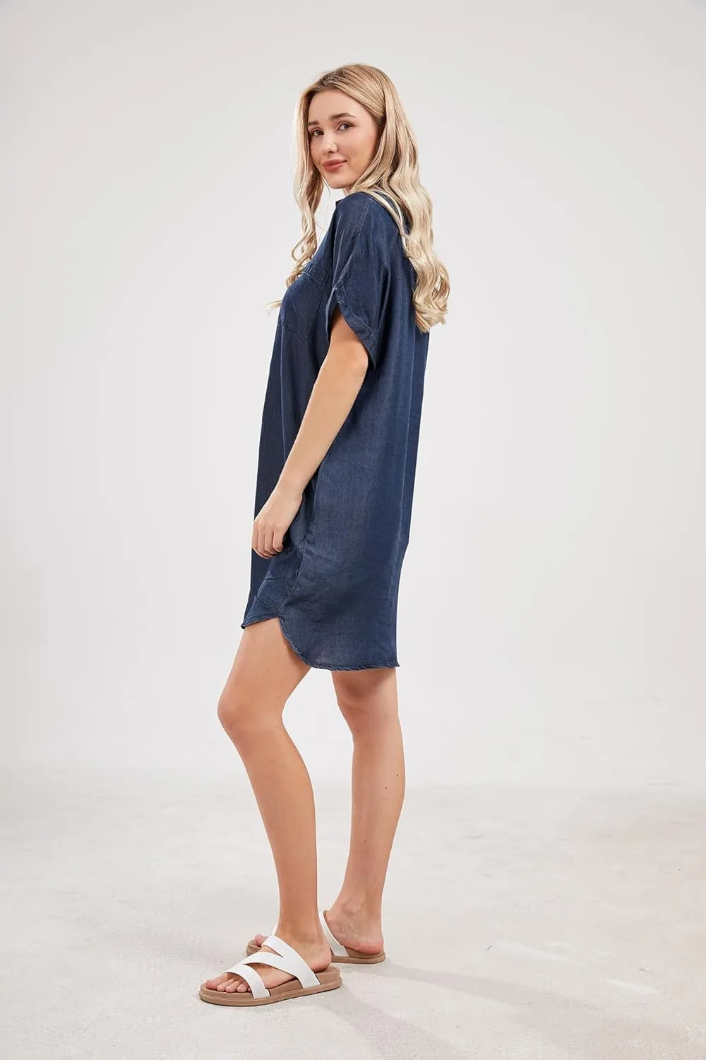 yoeasy Women's Short Sleeve Denim Shirt Mini Dress Button Down Tunic Jean Dress with Pockets