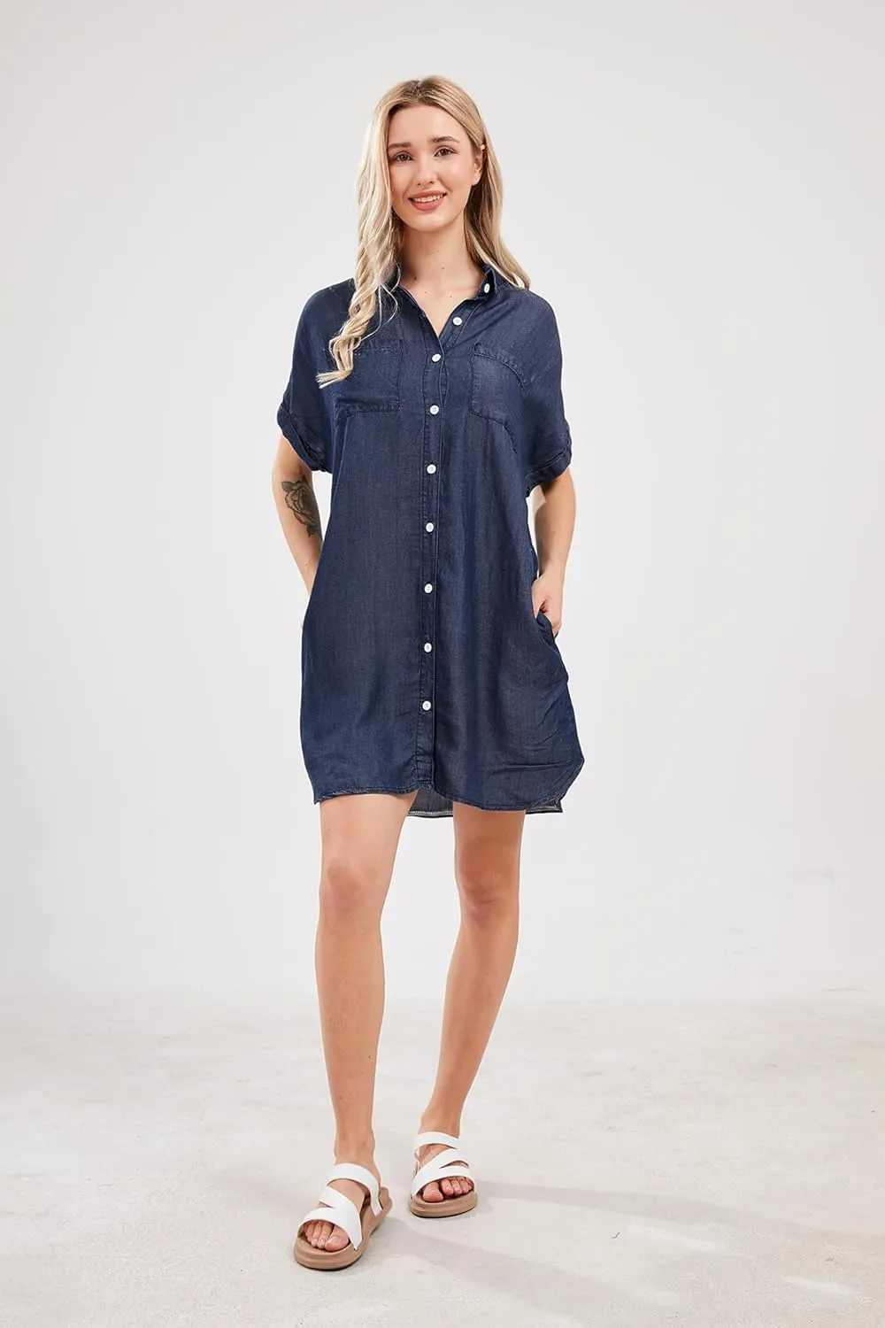 yoeasy Women's Short Sleeve Denim Shirt Mini Dress Button Down Tunic Jean Dress with Pockets