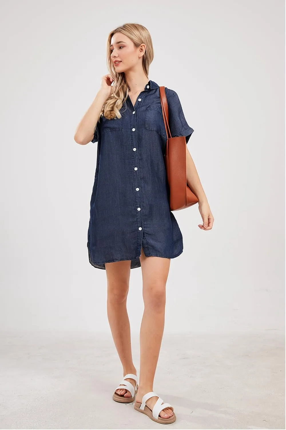 yoeasy Women's Short Sleeve Denim Shirt Mini Dress Button Down Tunic Jean Dress with Pockets