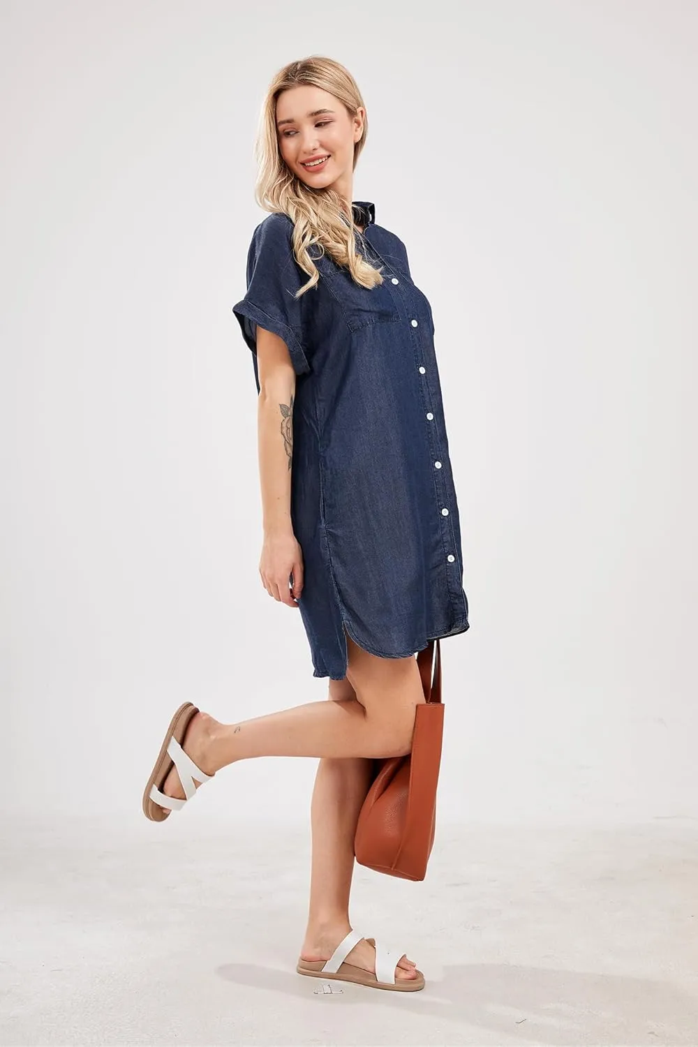 yoeasy Women's Short Sleeve Denim Shirt Mini Dress Button Down Tunic Jean Dress with Pockets