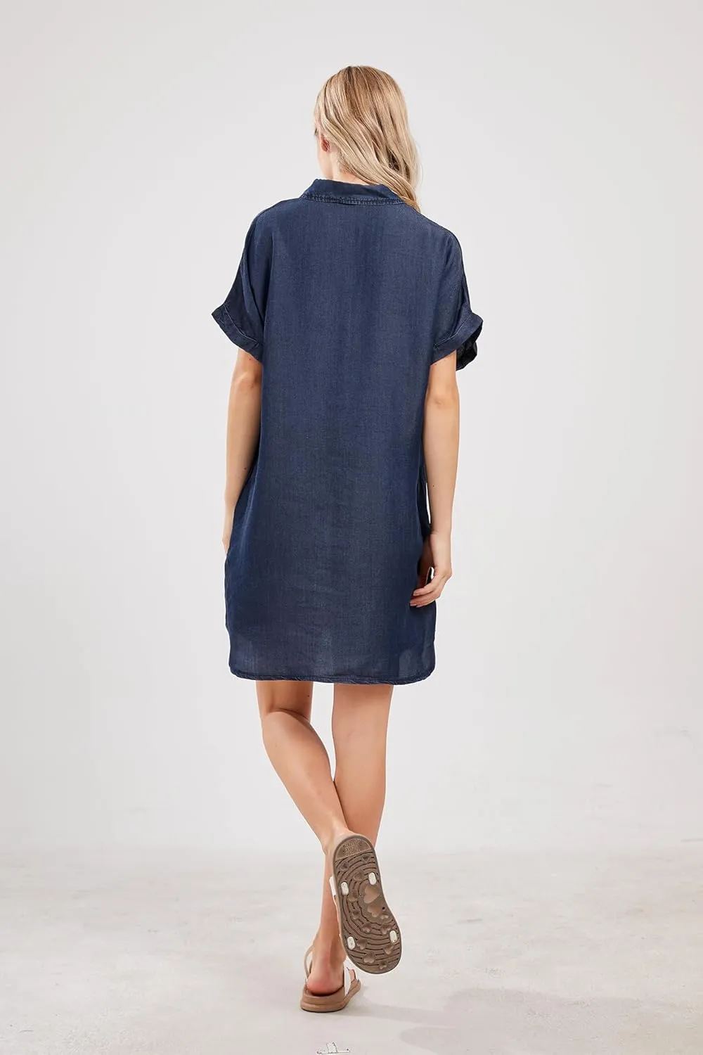 yoeasy Women's Short Sleeve Denim Shirt Mini Dress Button Down Tunic Jean Dress with Pockets