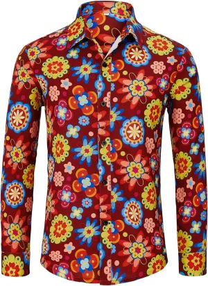 Zando Mens 70s Disco Shirt Retro Casual Button Down Disco Outfit Men Floral Vintage Long Sleeve Hip Hop Party Outfit Shirt