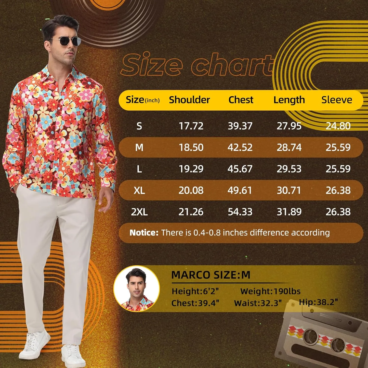 Zando Mens 70s Disco Shirt Retro Casual Button Down Disco Outfit Men Floral Vintage Long Sleeve Hip Hop Party Outfit Shirt