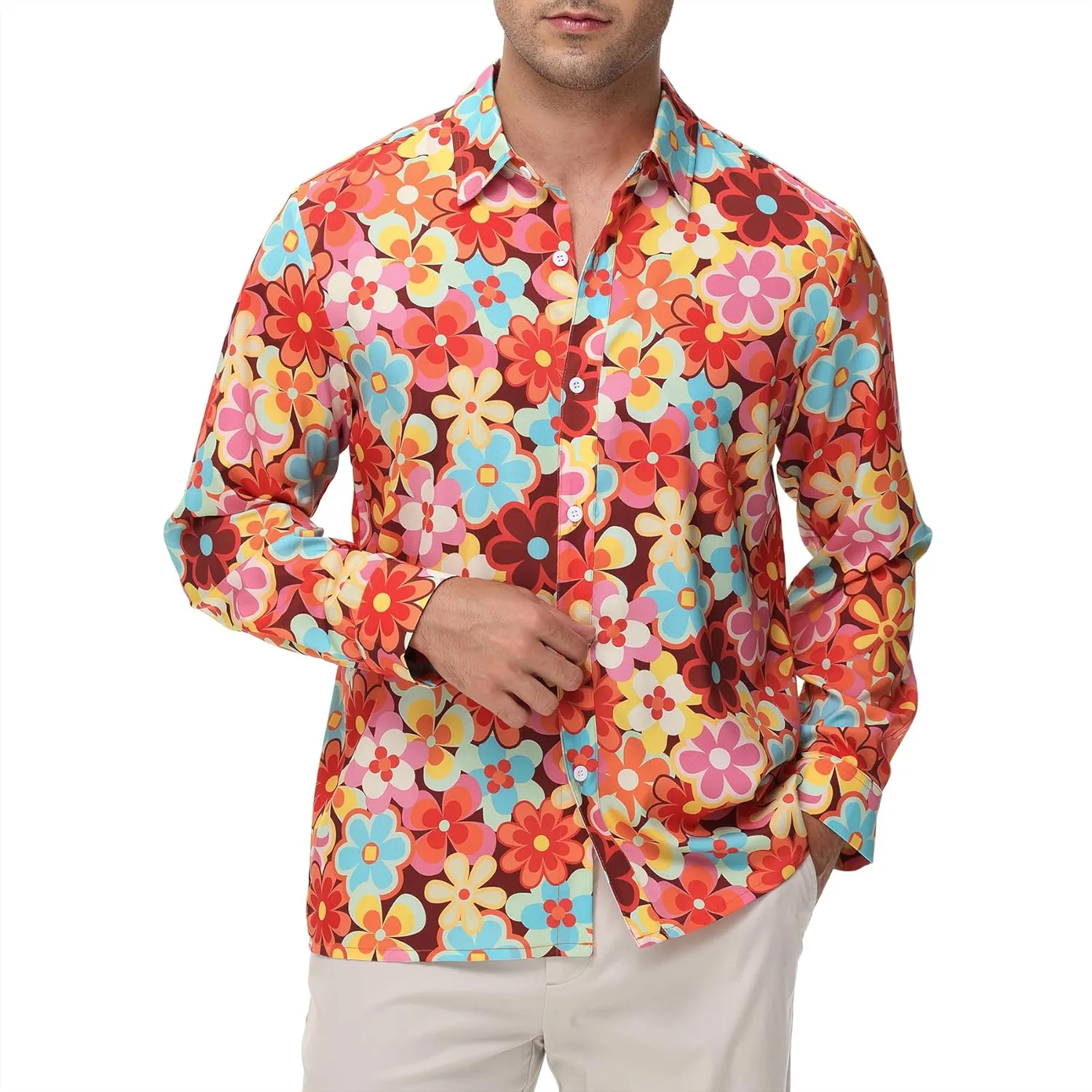 Zando Mens 70s Disco Shirt Retro Casual Button Down Disco Outfit Men Floral Vintage Long Sleeve Hip Hop Party Outfit Shirt