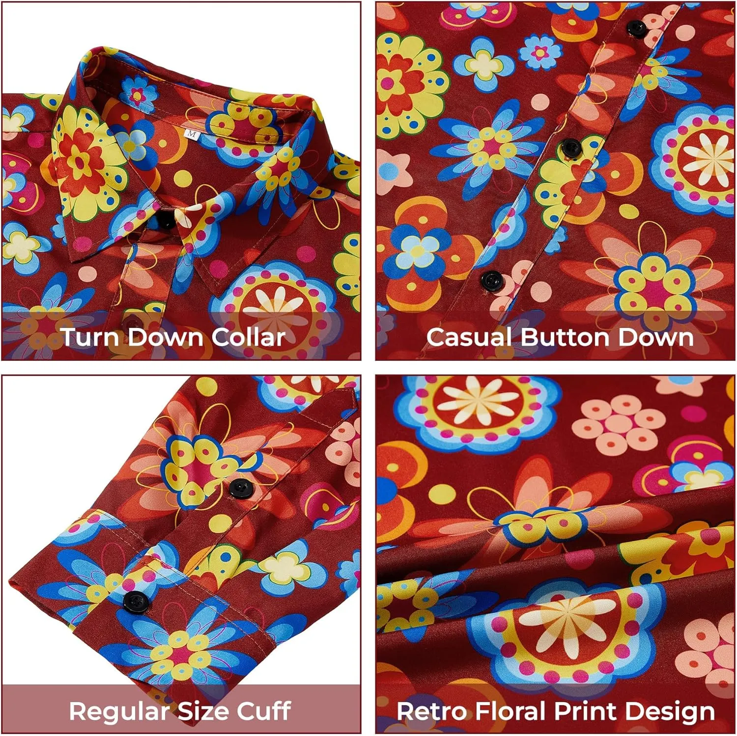 Zando Mens 70s Disco Shirt Retro Casual Button Down Disco Outfit Men Floral Vintage Long Sleeve Hip Hop Party Outfit Shirt