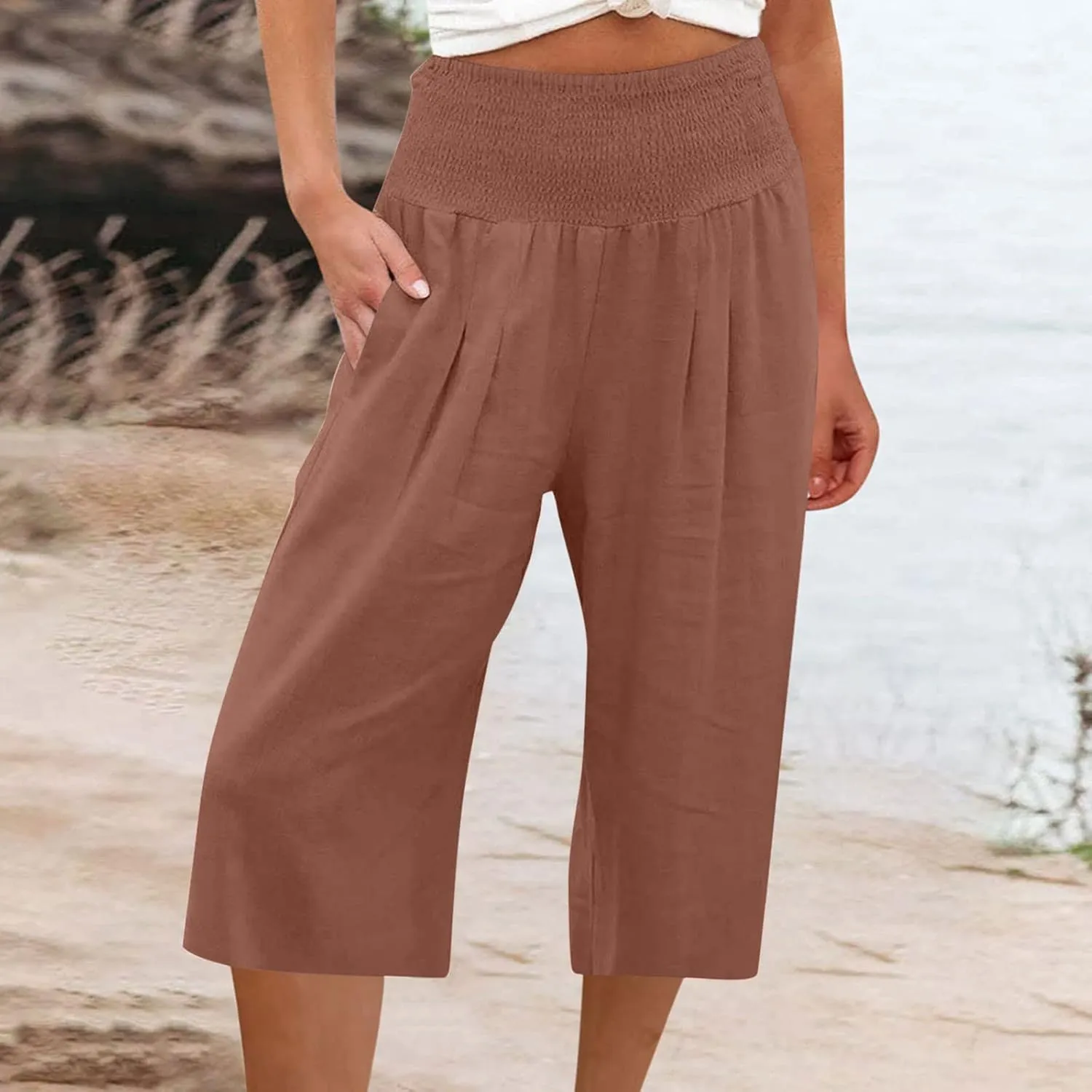 ZDRZK Linen Wide Leg Pants for Women 2023 Summer High Waist Smocked Capri Pants Casual Wide Leg Beach Pant Trousers
