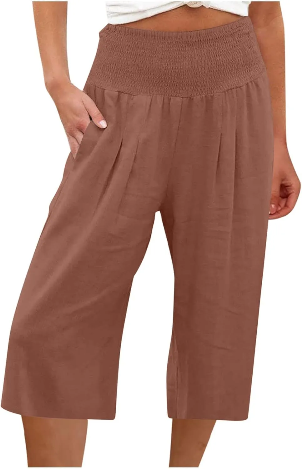 ZDRZK Linen Wide Leg Pants for Women 2023 Summer High Waist Smocked Capri Pants Casual Wide Leg Beach Pant Trousers