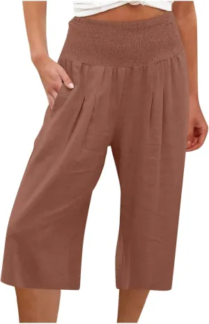 ZDRZK Linen Wide Leg Pants for Women 2023 Summer High Waist Smocked Capri Pants Casual Wide Leg Beach Pant Trousers