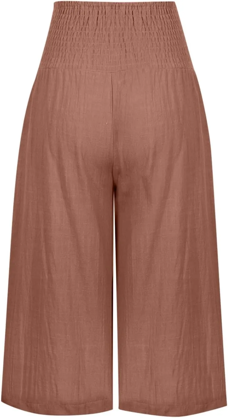 ZDRZK Linen Wide Leg Pants for Women 2023 Summer High Waist Smocked Capri Pants Casual Wide Leg Beach Pant Trousers
