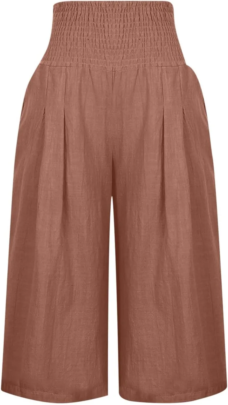 ZDRZK Linen Wide Leg Pants for Women 2023 Summer High Waist Smocked Capri Pants Casual Wide Leg Beach Pant Trousers