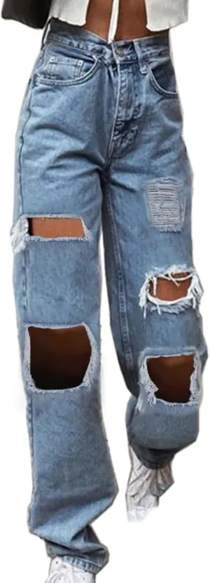 ZDRZK Women's High Waist Straight Leg Ripped Jeans Cut Out Distressed Denim Pants Casual Loose Summer Long Trousers