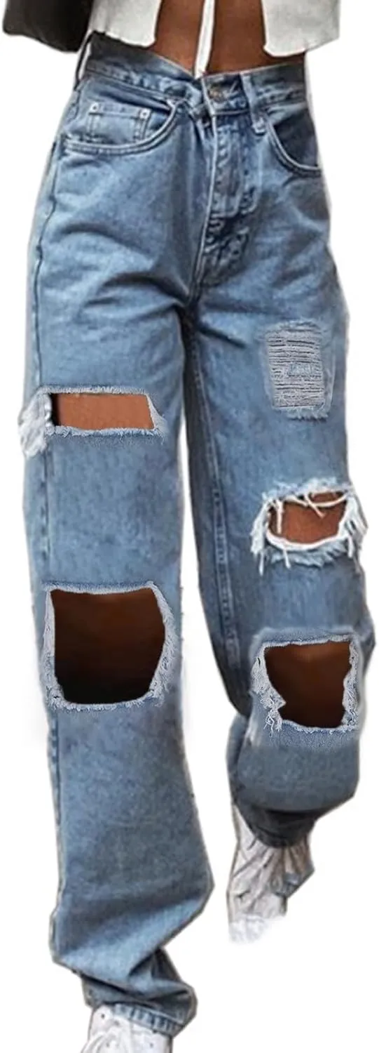 ZDRZK Women's High Waist Straight Leg Ripped Jeans Cut Out Distressed Denim Pants Casual Loose Summer Long Trousers