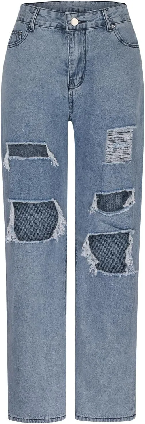 ZDRZK Women's High Waist Straight Leg Ripped Jeans Cut Out Distressed Denim Pants Casual Loose Summer Long Trousers