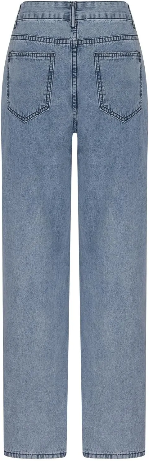 ZDRZK Women's High Waist Straight Leg Ripped Jeans Cut Out Distressed Denim Pants Casual Loose Summer Long Trousers