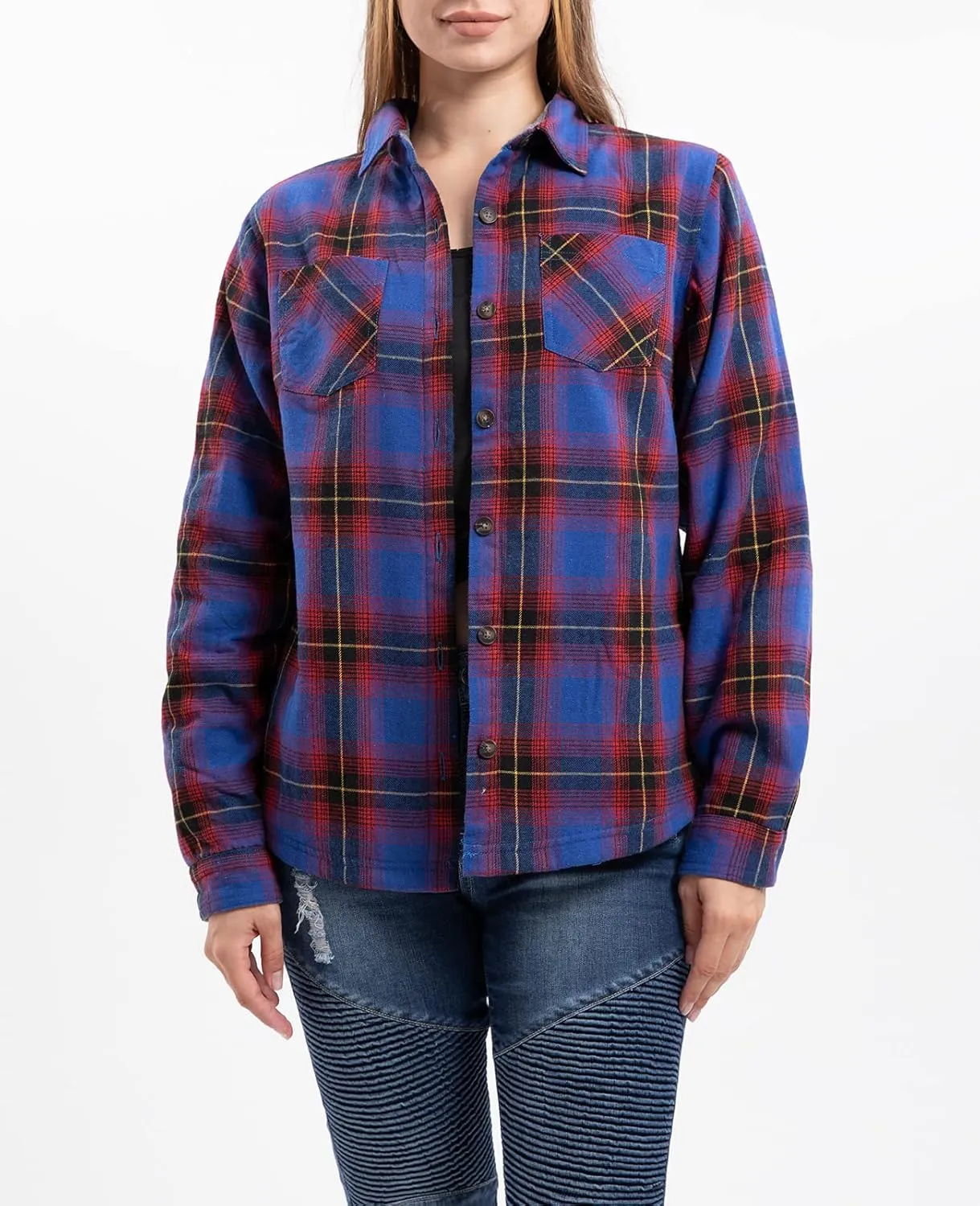 ZENTHACE Women's Thermal Fleece Lined Plaid Button Down Flannel Shirt Jacket
