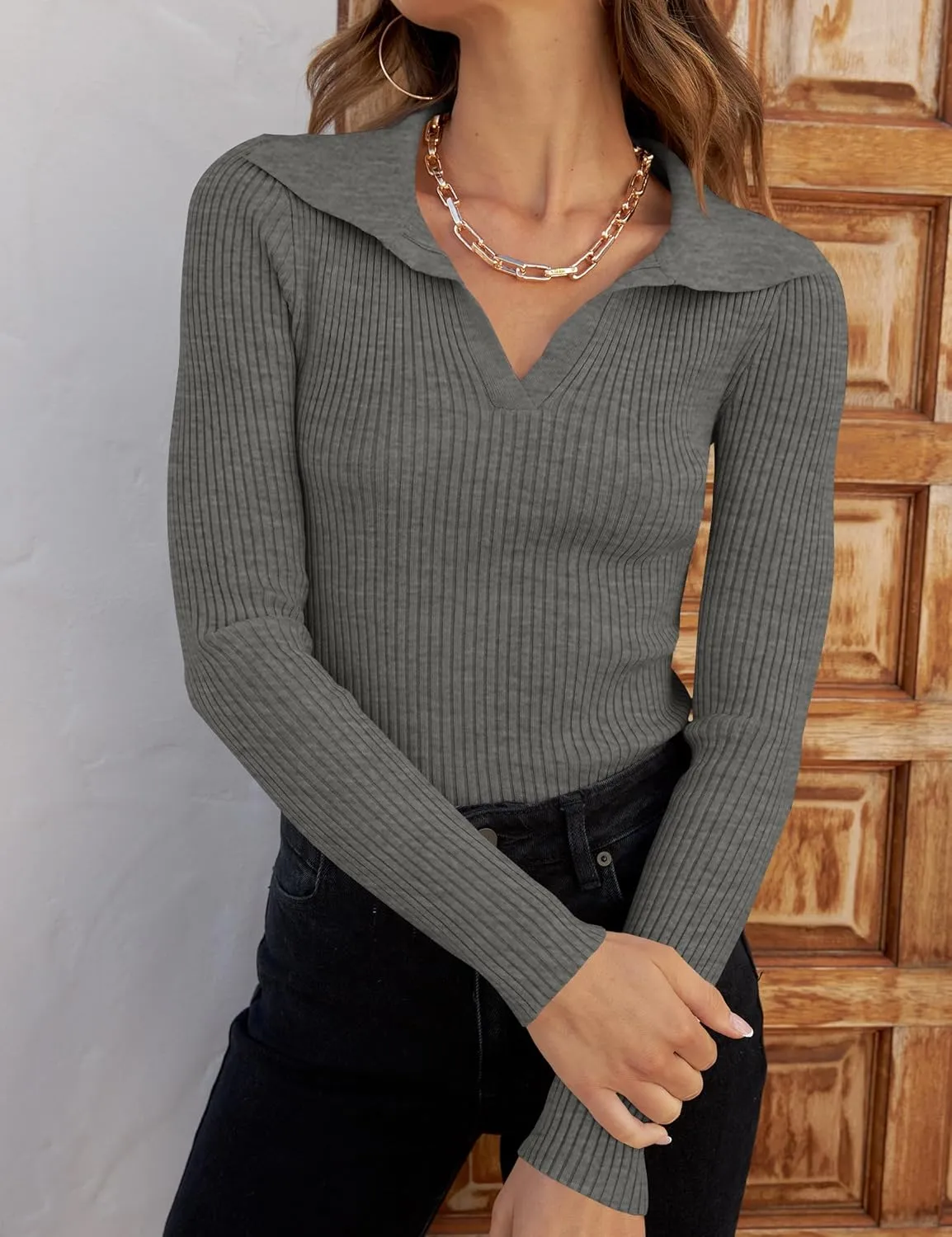 ZESICA Sweaters for Women Spring Long Sleeve V Neck Ribbed Knit Pullover Tops Casual Slim Fit Basic Tee Shirts