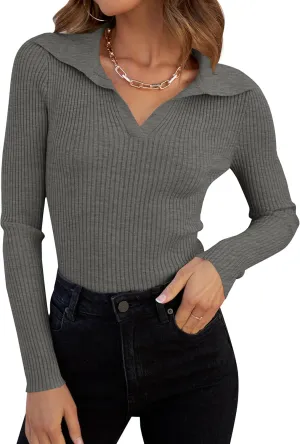 ZESICA Sweaters for Women Spring Long Sleeve V Neck Ribbed Knit Pullover Tops Casual Slim Fit Basic Tee Shirts