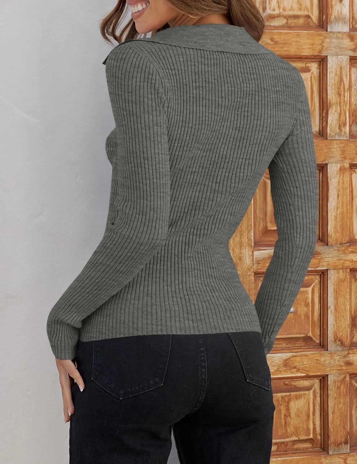 ZESICA Sweaters for Women Spring Long Sleeve V Neck Ribbed Knit Pullover Tops Casual Slim Fit Basic Tee Shirts