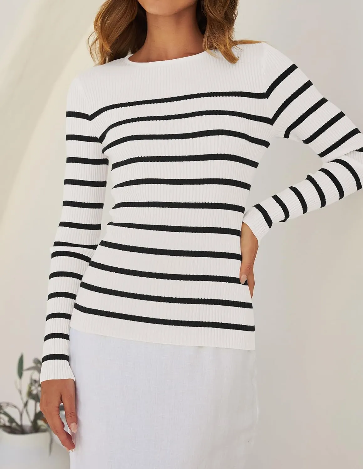 ZESICA Women's Long Sleeve Crewneck Striped Shirts Spring Ribbed Knit Sweater Slim Fitted Casual Basic Tee Tops