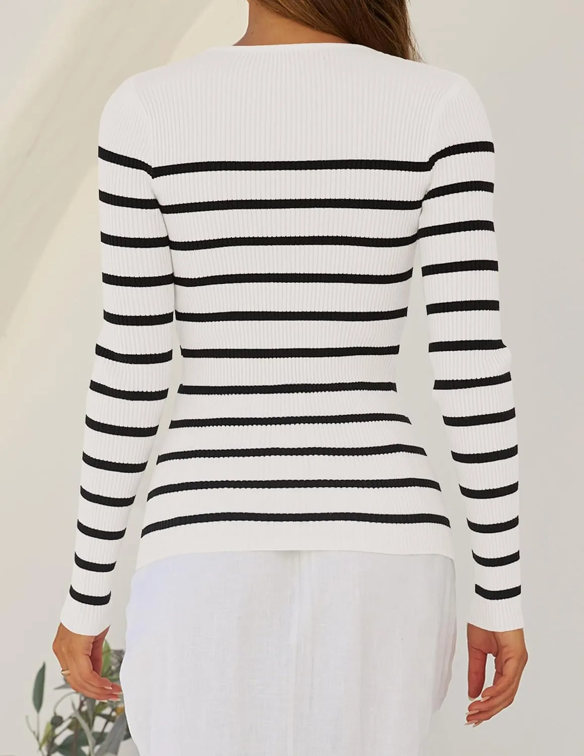 ZESICA Women's Long Sleeve Crewneck Striped Shirts Spring Ribbed Knit Sweater Slim Fitted Casual Basic Tee Tops