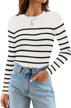 ZESICA Women's Long Sleeve Crewneck Striped Shirts Spring Ribbed Knit Sweater Slim Fitted Casual Basic Tee Tops