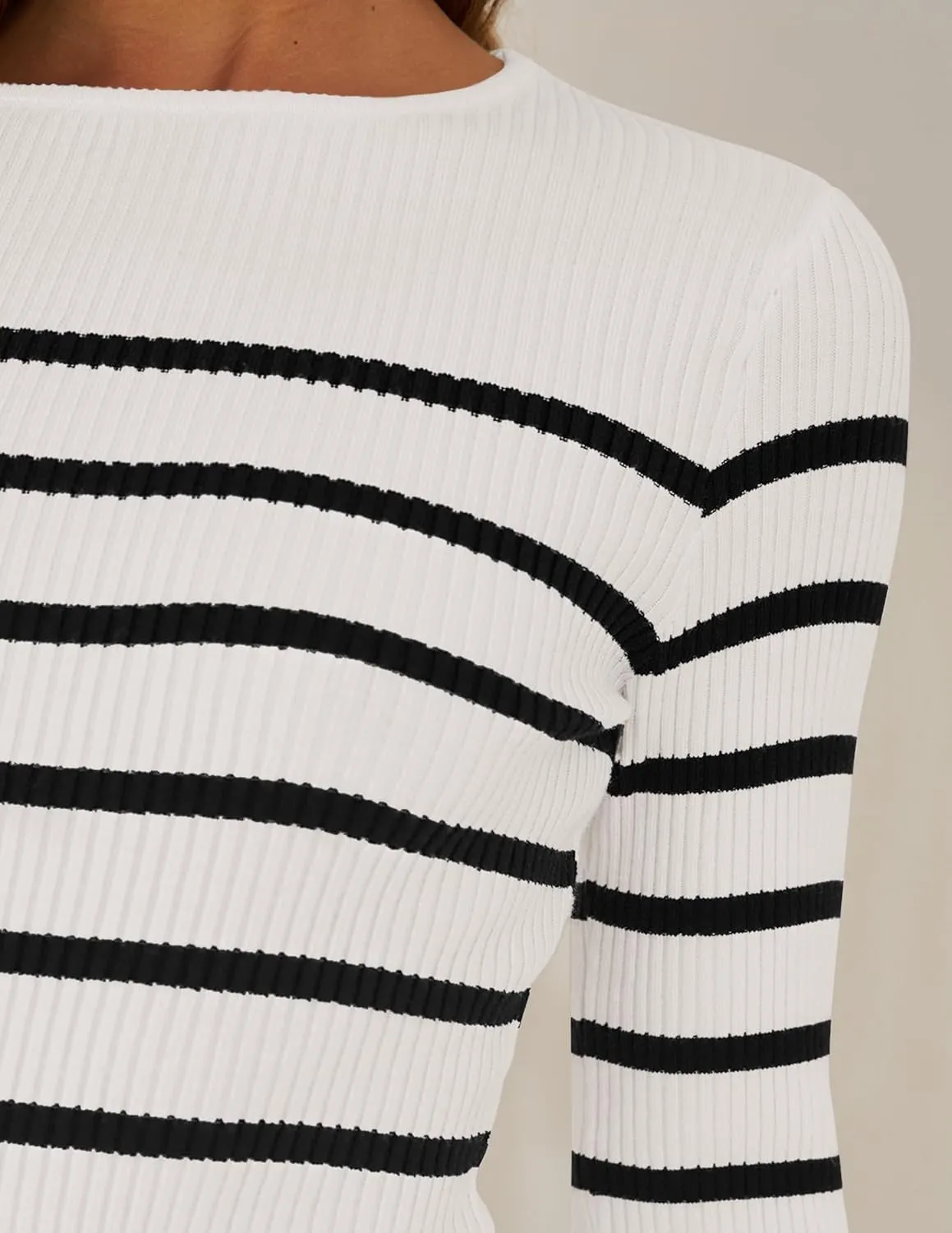 ZESICA Women's Long Sleeve Crewneck Striped Shirts Spring Ribbed Knit Sweater Slim Fitted Casual Basic Tee Tops