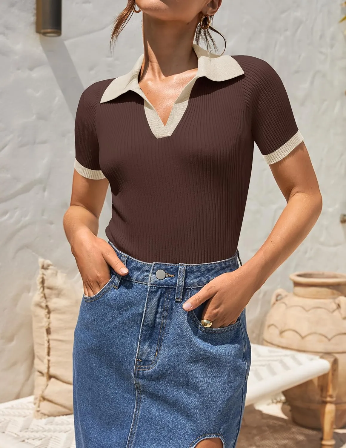 ZESICA Women's Short Sleeve V Neck T Shirts 2025 Summer Ribbed Knit Slim Fitted Basic Solid Color Tee Tops