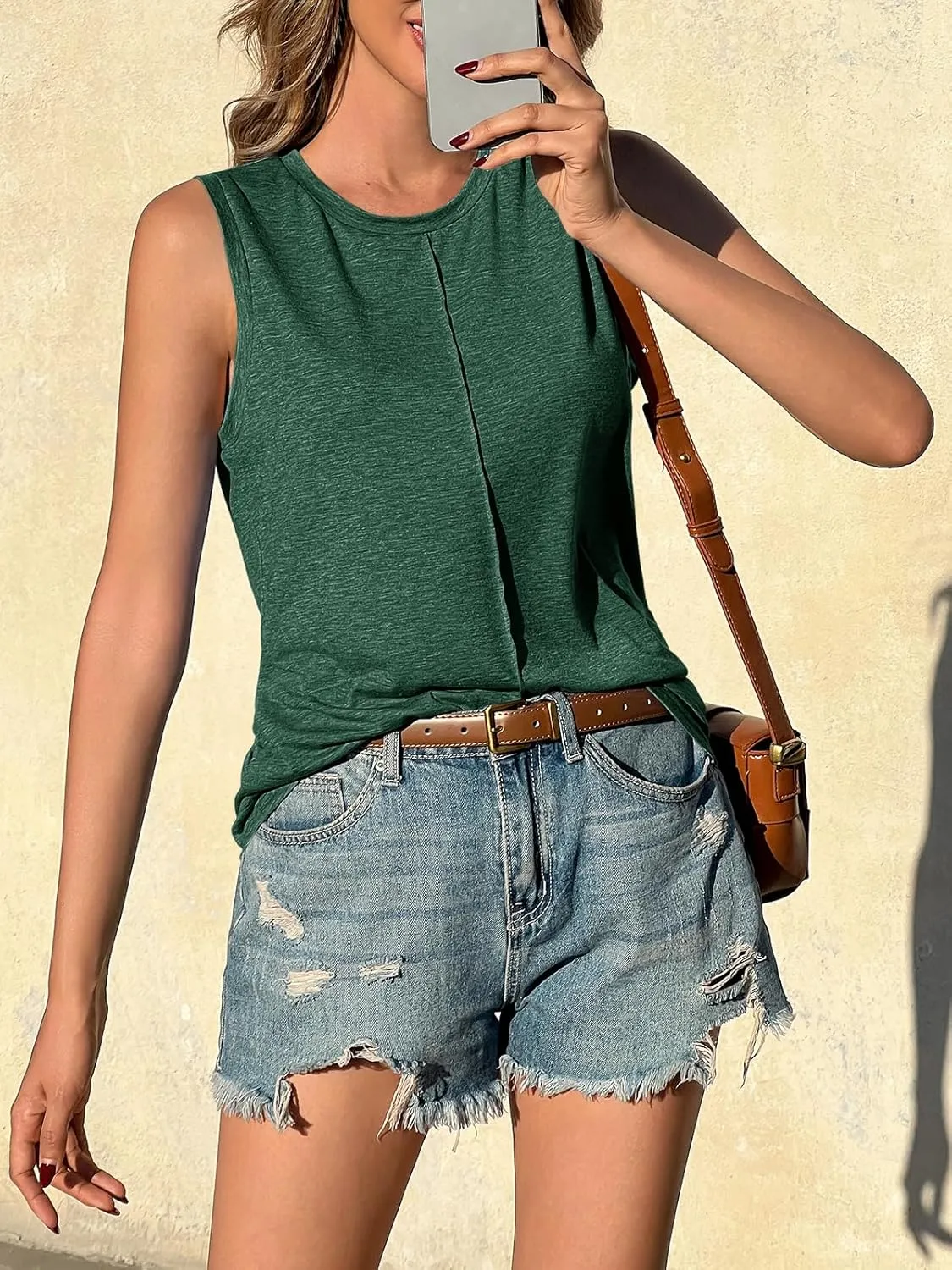 ZIWOCH Womens Tank Tops Crew Neck Sleeveless Tshirts Solid Color Casual Loose Fit Tee Shirts
