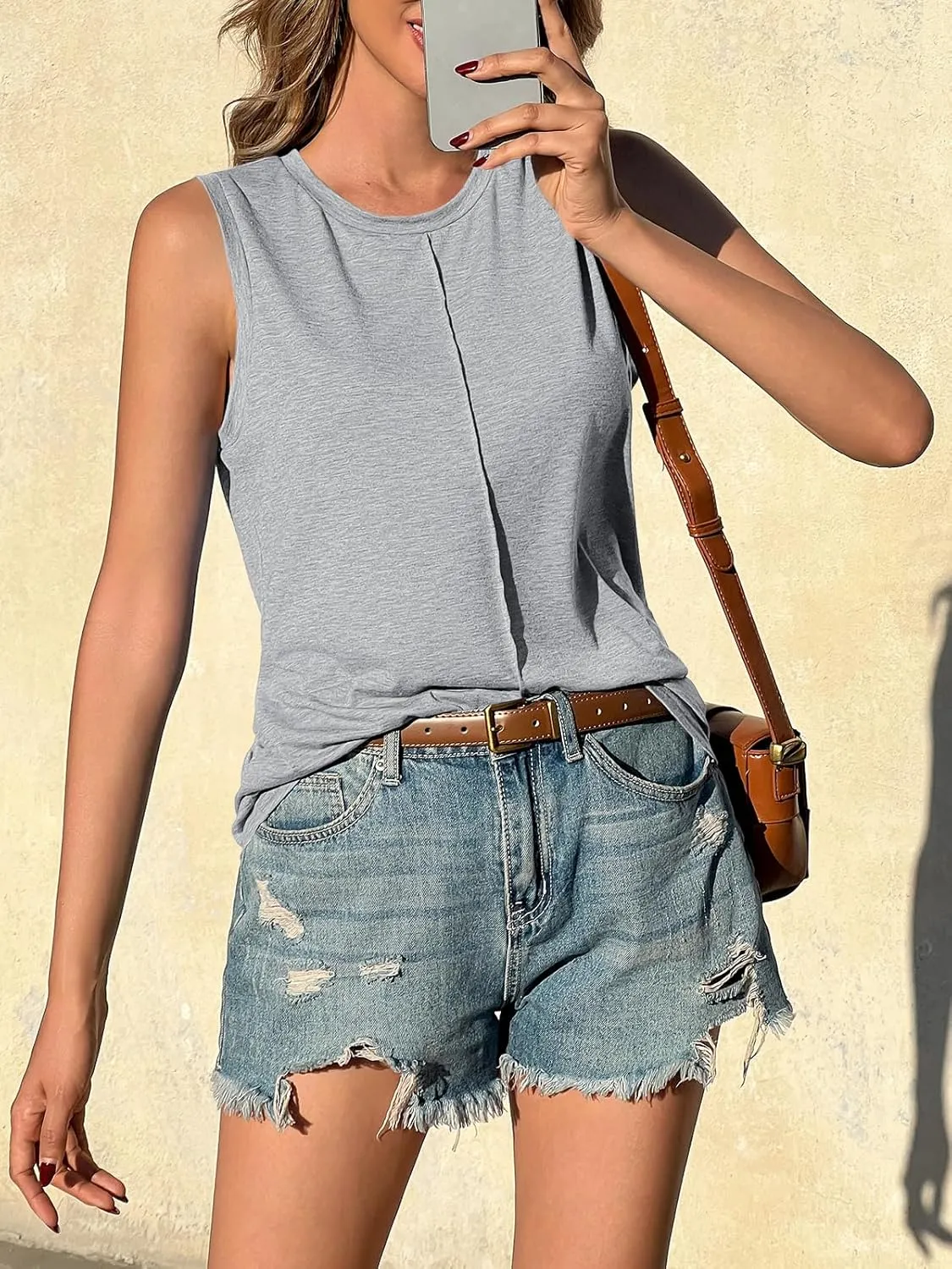 ZIWOCH Womens Tank Tops Crew Neck Sleeveless Tshirts Solid Color Casual Loose Fit Tee Shirts