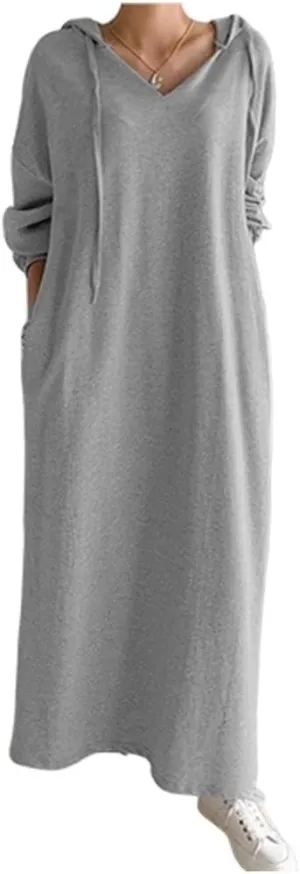 ZOCANIA Womens Maxi Hoodie Dress Oversized V Neck Drawstring Long Pullover Sweatshirt Long Sleeve Loose Fit Overall Dress