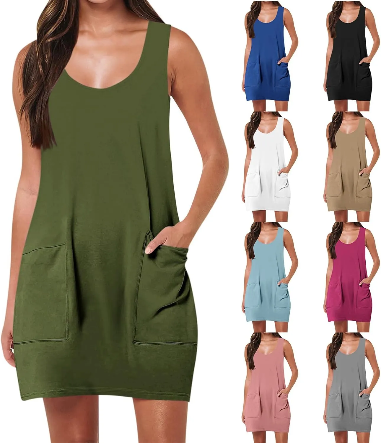 ZWRXW Sundresses for Women with Pockets Summer Dresses U Neck Sleeveless Tank Dress Short Mini Dresses Beach Swimsuit Coverup