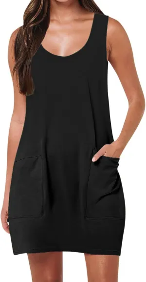 ZWRXW Sundresses for Women with Pockets Summer Dresses U Neck Sleeveless Tank Dress Short Mini Dresses Beach Swimsuit Coverup