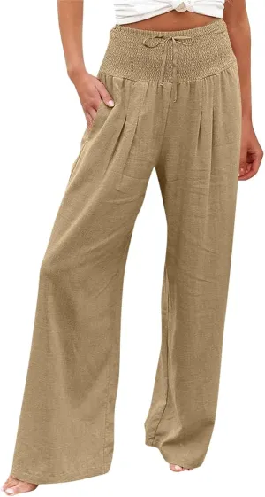 ZWRXW Women Linen Palazzo Pants Summer Wide Leg Pants Bow-Knot High Waisted Casual Lounge Pant Lightweight Beach Trousers