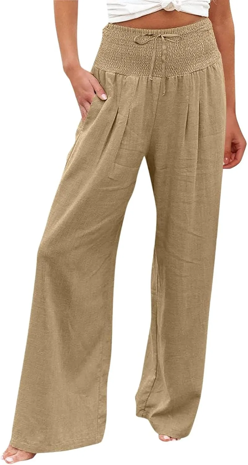 ZWRXW Women Linen Palazzo Pants Summer Wide Leg Pants Bow-Knot High Waisted Casual Lounge Pant Lightweight Beach Trousers