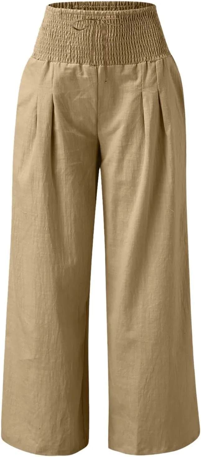 ZWRXW Women Linen Palazzo Pants Summer Wide Leg Pants Bow-Knot High Waisted Casual Lounge Pant Lightweight Beach Trousers