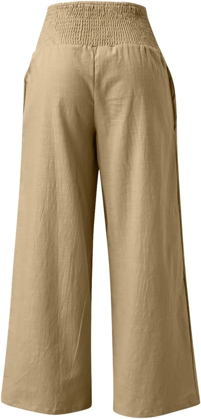 ZWRXW Women Linen Palazzo Pants Summer Wide Leg Pants Bow-Knot High Waisted Casual Lounge Pant Lightweight Beach Trousers