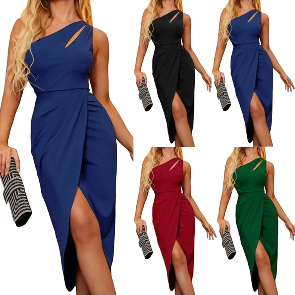 ZWRXW Women One Shoulder Ruched Bodycon Mini Dress Summer Cutout Slit Wrap Party Cocktail Midi Dresses Elegant Formal Dress