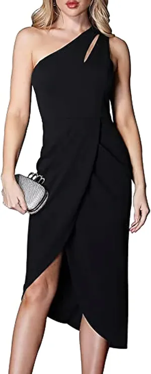 ZWRXW Women One Shoulder Ruched Bodycon Mini Dress Summer Cutout Slit Wrap Party Cocktail Midi Dresses Elegant Formal Dress